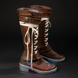 COSFUN Rogue Anna Marie cosplay boots, angled side view with tall brown shafts, cream laces, ankle straps, and silver soles