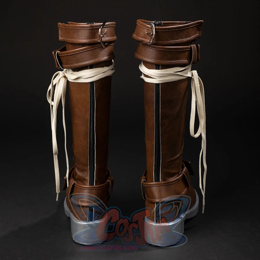 COSFUN Rogue Anna Marie cosplay boots, back view with brown rear zippers, cream lace ties, wrap straps, and silver soles