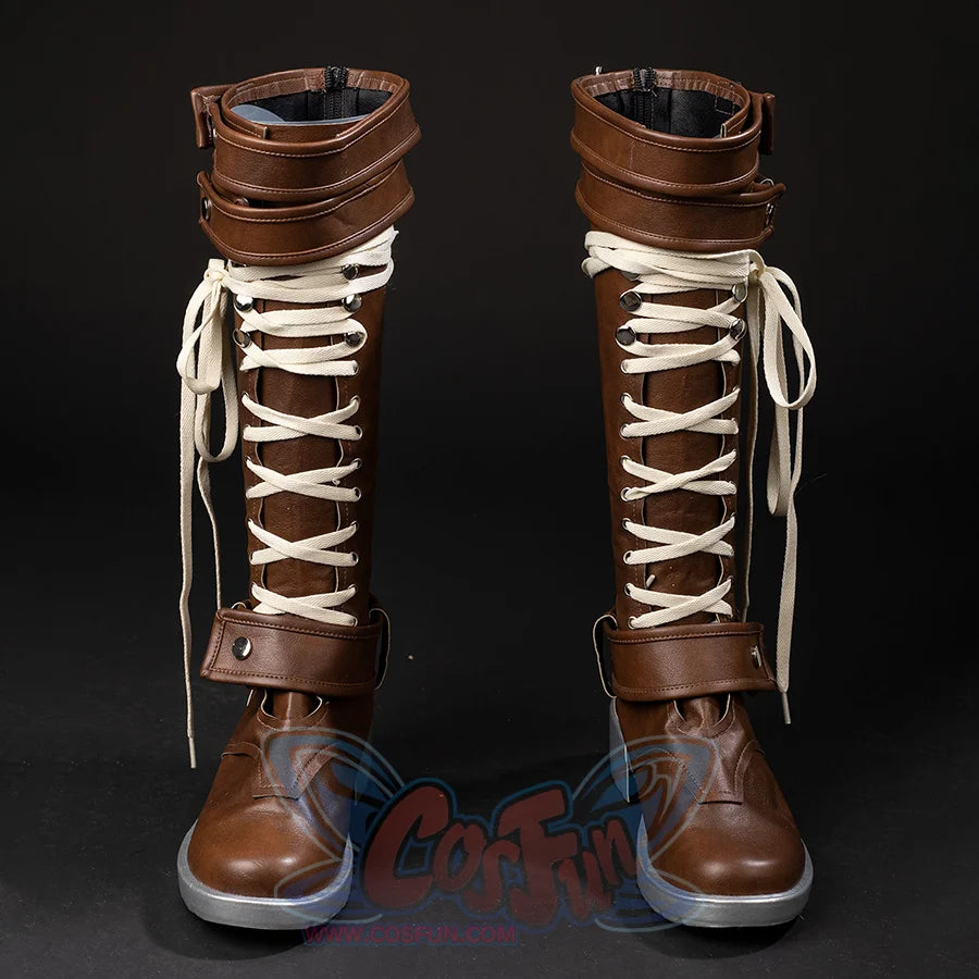 COSFUN Rogue Anna Marie cosplay boots, front view with tall brown shafts, cream crisscross laces, and ankle straps