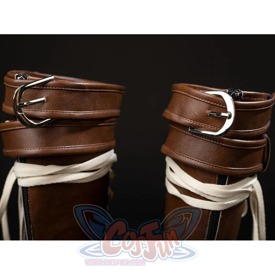COSFUN Rogue Anna Marie cosplay boots top close-up with brown wrap straps, silver buckles, cream laces, and rear zipper