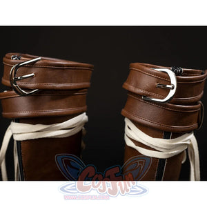 COSFUN Rogue Anna Marie cosplay boots top close-up with brown wrap straps, silver buckles, cream laces, and rear zipper