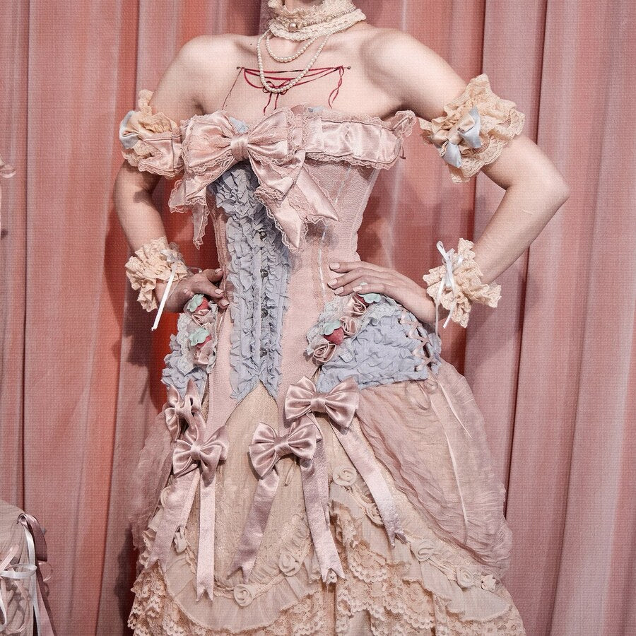 COSFUN Strawberry Mousse corset top with pink bows, blue ruffles, and matching cuffs