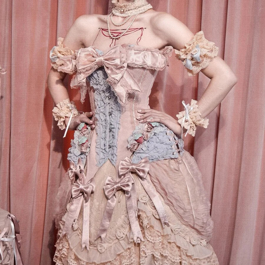 COSFUN Strawberry Mousse Corset item with pink bows, blue ruffles, and matching cuffs