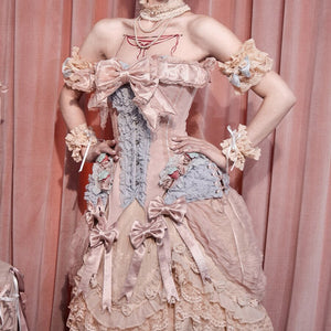 COSFUN Strawberry Mousse corset top with pink bows, blue ruffles, and matching cuffs