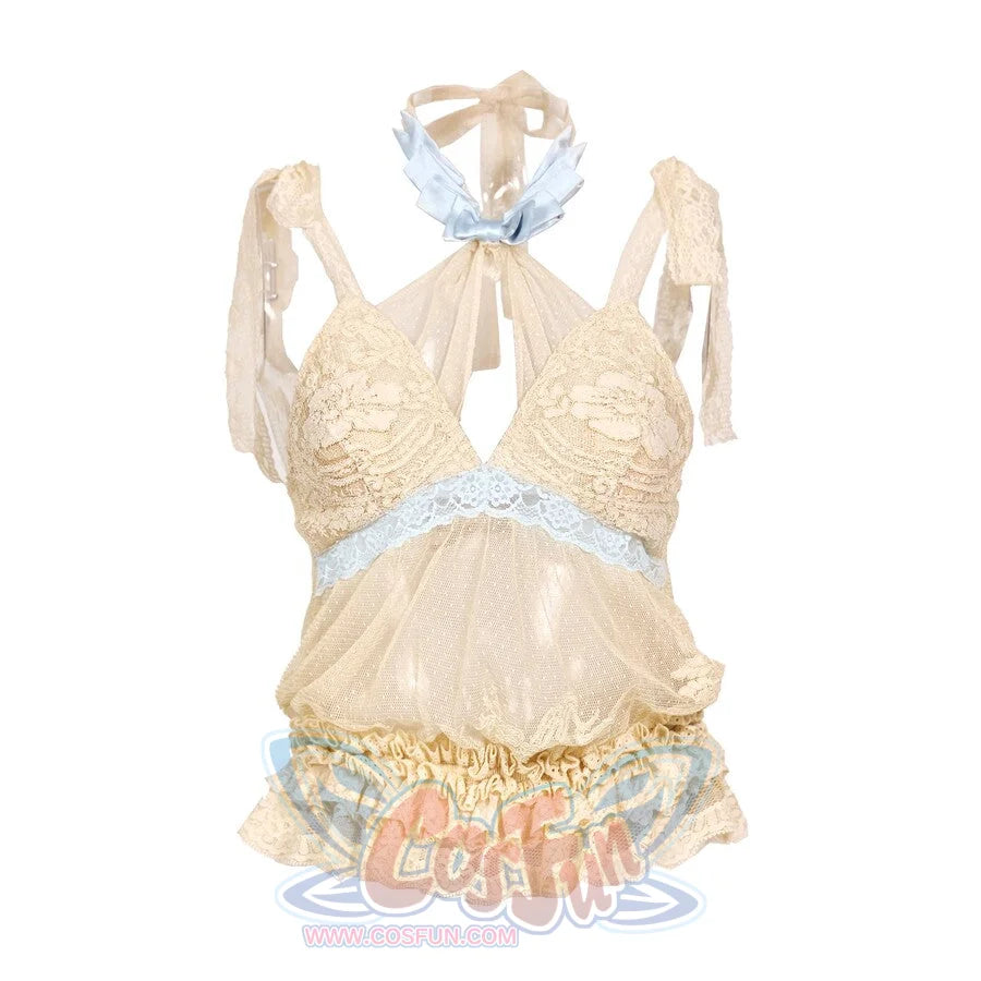 Flat lay of the Halter camisole item with lace cups, sheer body, and blue bow collar