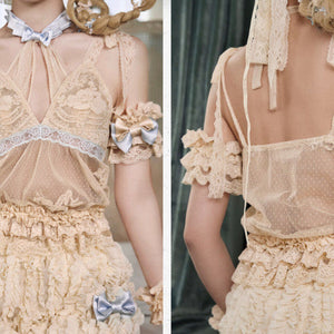 Front and back detail views of a cream lace halter camisole