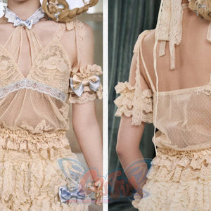 Front and back detail views of the Halter camisole item in cream lace