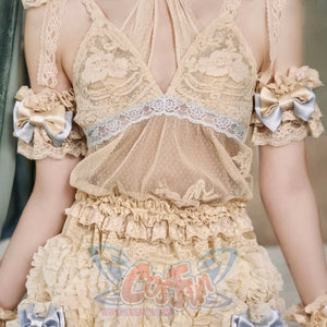 Front view of the Halter camisole item with lace cups and blue ribbon band