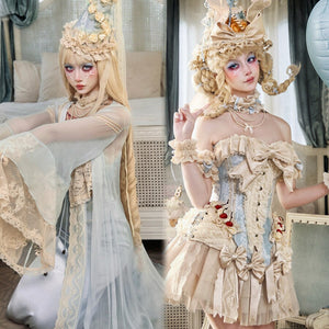 Rococo Lolita coordinate styling with dessert-themed headpieces