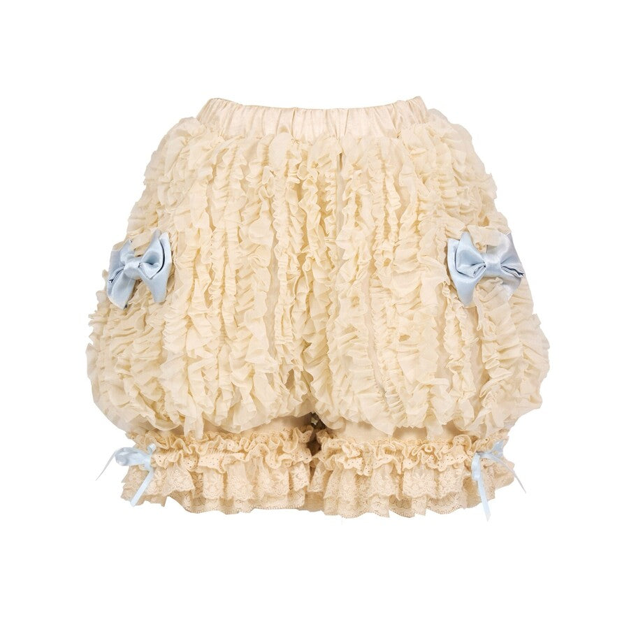 Cream pumpkin bloomers flat lay with layered ruffles and pale blue bows