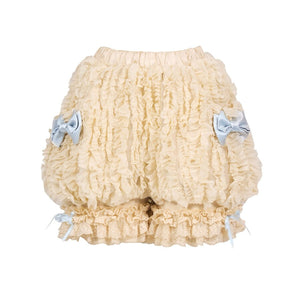 Cream pumpkin bloomers flat lay with layered ruffles and pale blue bows