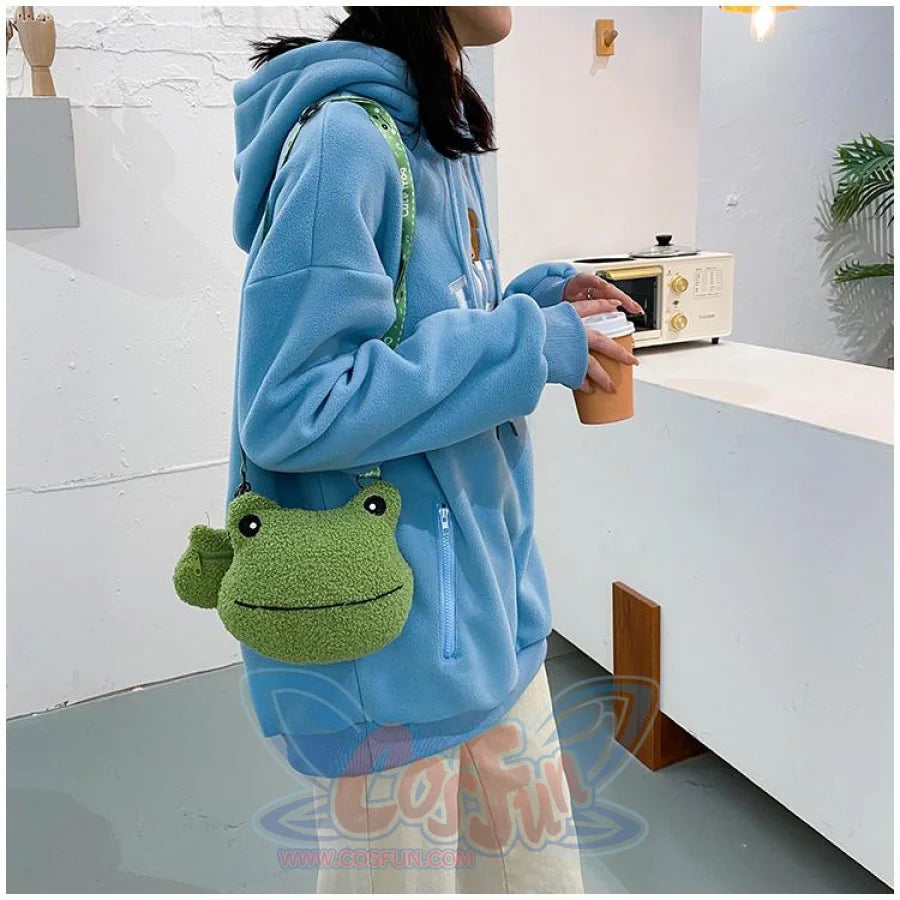 Cute Cartoon Plush Green Frog Doll Faux Wool Shoulder Bags C00072