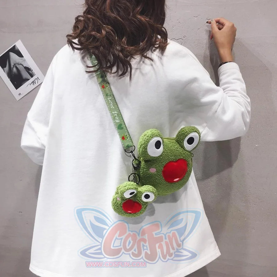 Cute Cartoon Plush Green Frog Doll Faux Wool Shoulder Bags C00072