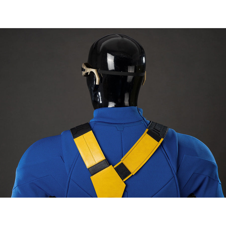 Cyclops Scott Summers cosplay back harness detail crosses yellow straps below the blue collar.