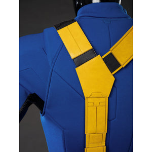 Cyclops Scott Summers cosplay back harness close-up layers yellow straps down the blue jumpsuit.
