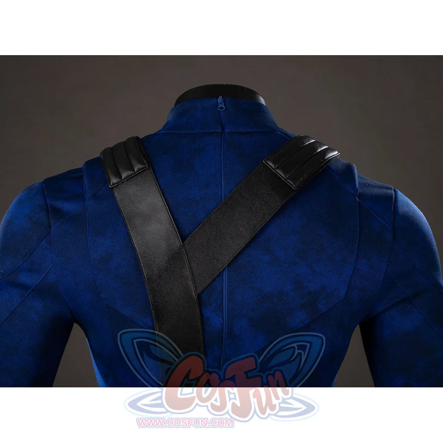 Cyclops cosplay back harness close-up crosses black straps over blue bodysuit panels.