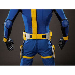 Cyclops Scott Summers cosplay back view anchors a yellow utility belt across the blue jumpsuit.