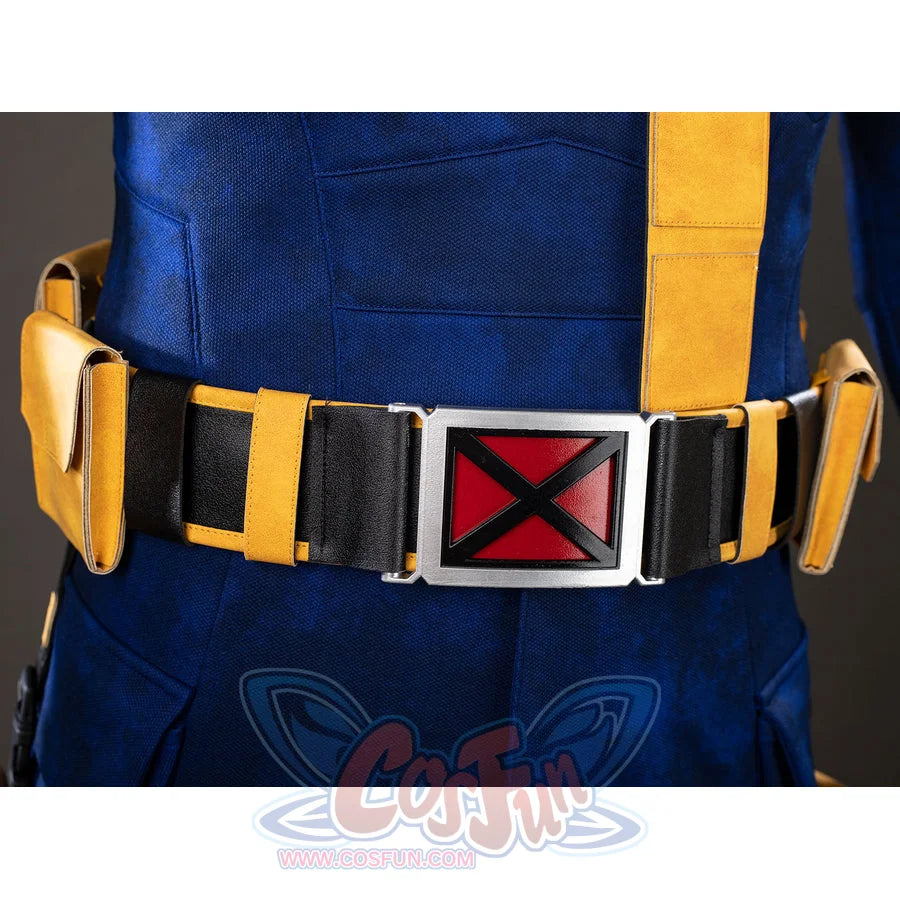 Cyclops cosplay belt close-up centers the red X buckle between yellow side pouches.