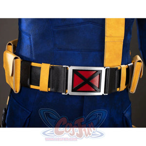 Cyclops cosplay belt close-up centers the red X buckle between yellow side pouches.