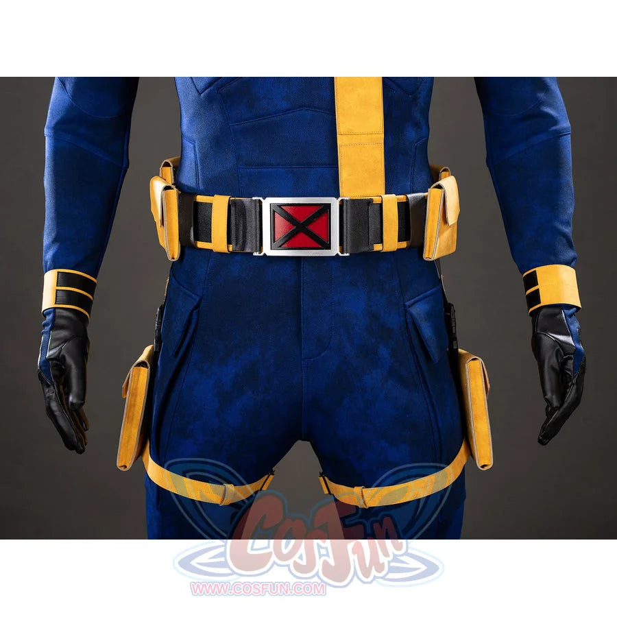 Cyclops cosplay belt detail sets yellow utility pouches around the red X buckle.