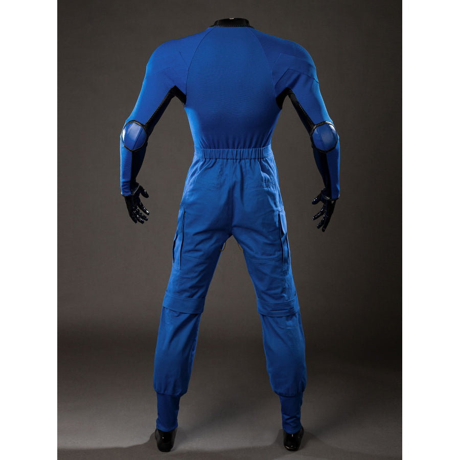 Cyclops Scott Summers cosplay bodysuit back view traces blue panels and black sleeve sections.