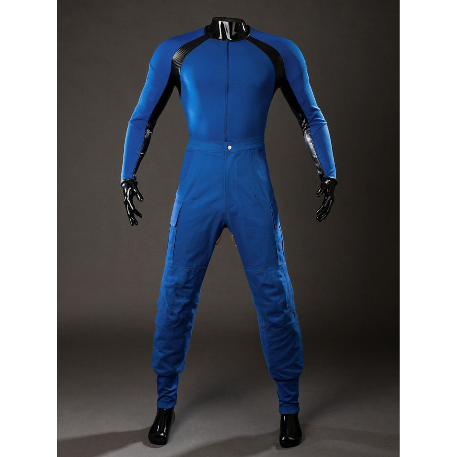 Cyclops Scott Summers cosplay bodysuit front view traces blue fabric panels between black sleeves.