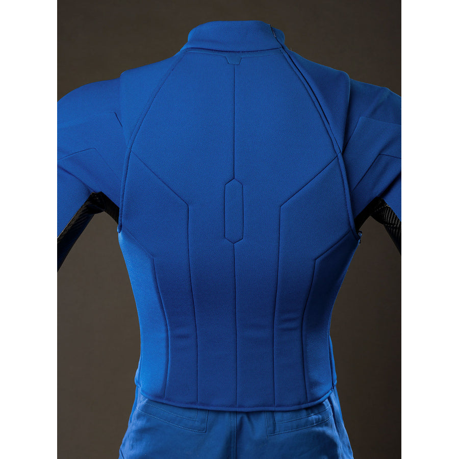 Cyclops Scott Summers cosplay bodysuit back view maps raised blue seams along the fitted torso.