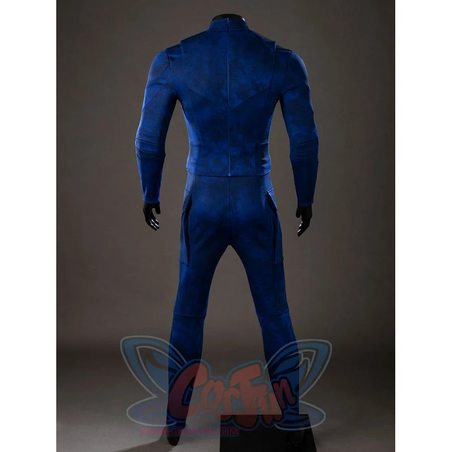 Cyclops cosplay bodysuit back view traces the blue fit and center zipper seam along the spine.