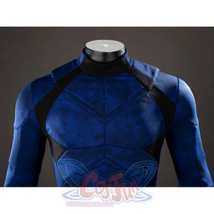 Cyclops cosplay bodysuit chest detail shapes blue panels beneath black shoulder straps.