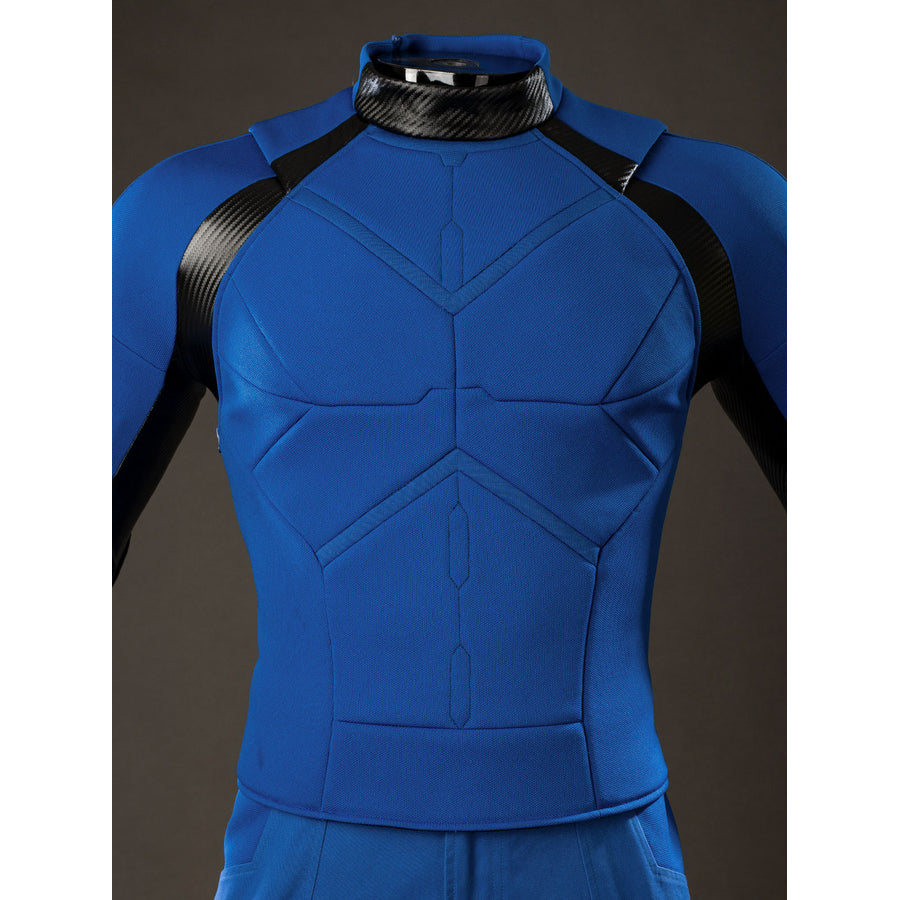 Cyclops Scott Summers cosplay bodysuit front view traces raised blue chest panel seams.