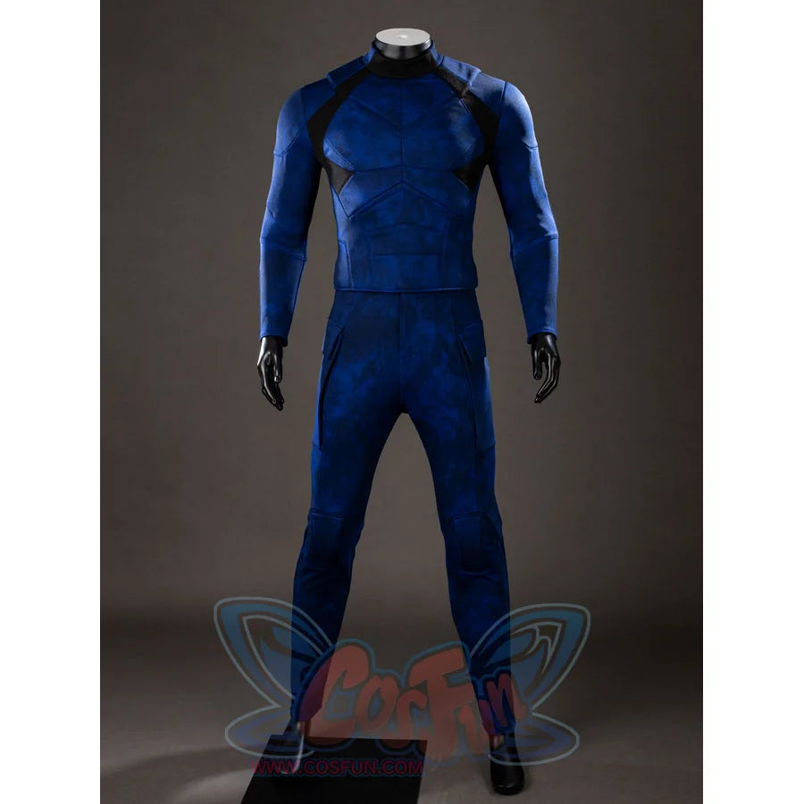 Cyclops cosplay bodysuit front view highlights blue panels and fitted long sleeves.