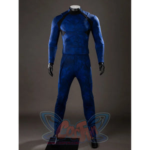 Cyclops cosplay bodysuit front view highlights blue panels and fitted long sleeves.