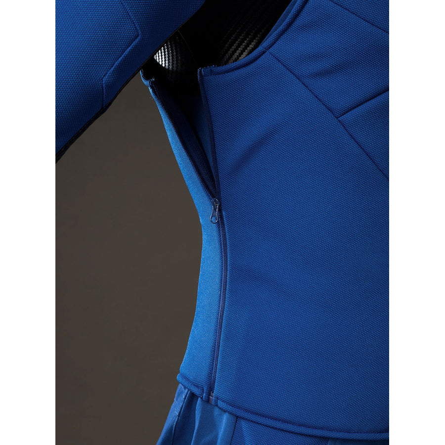 Cyclops Scott Summers cosplay bodysuit side detail reveals a concealed zipper along blue fabric.