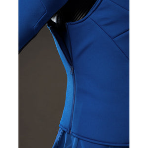 Cyclops Scott Summers cosplay bodysuit side detail reveals a concealed zipper along blue fabric.