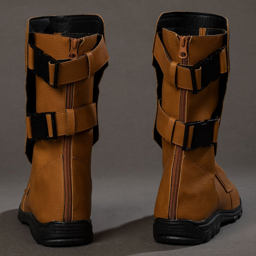 Cyclops Scott Summers cosplay boots back view aligns black buckles beside rear zipper seams.