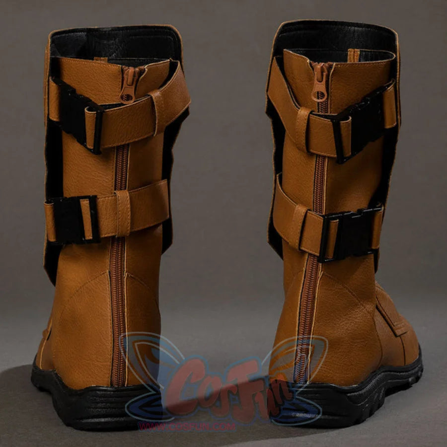 Cyclops Scott Summers cosplay boots back view aligns black buckles beside rear zipper seams.