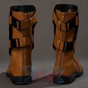 Cyclops Scott Summers cosplay boots back view aligns black buckles beside rear zipper seams.