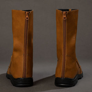 Cyclops Scott Summers cosplay boots back view centers brown rear zippers above black soles.