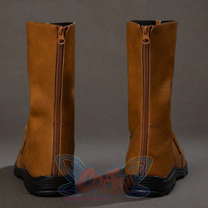Cyclops Scott Summers cosplay boots back view centers brown rear zippers above black soles.