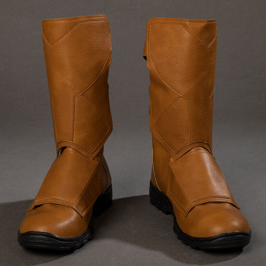 Cyclops Scott Summers cosplay boots front view centers brown shaft panels above rugged black soles.