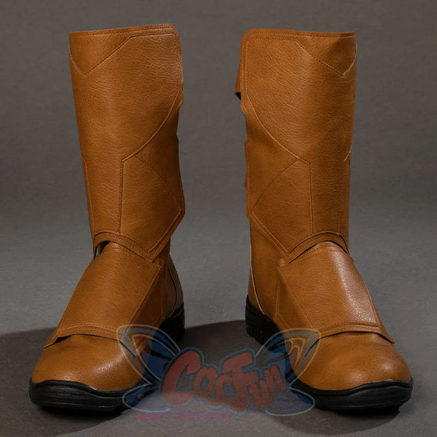 Cyclops Scott Summers cosplay boots front view centers brown shaft panels above rugged black soles.