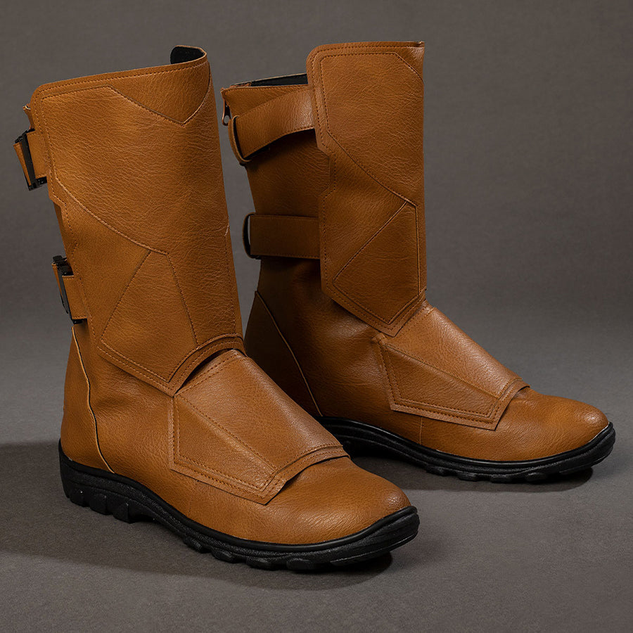 Cyclops Scott Summers cosplay boots side view layers brown matte PU leather under black buckle straps.