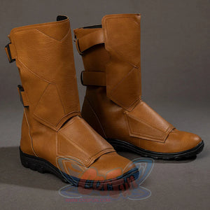 Cyclops Scott Summers cosplay boots side view layers brown matte PU leather under black buckle straps.