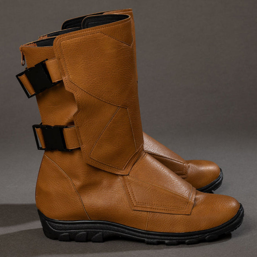 Cyclops Scott Summers cosplay boots side profile sets black buckle straps over brown shaft panels.