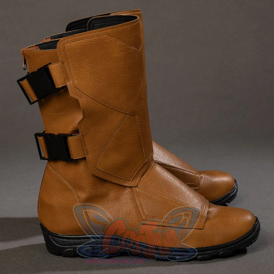 Cyclops Scott Summers cosplay boots side profile sets black buckle straps over brown shaft panels.