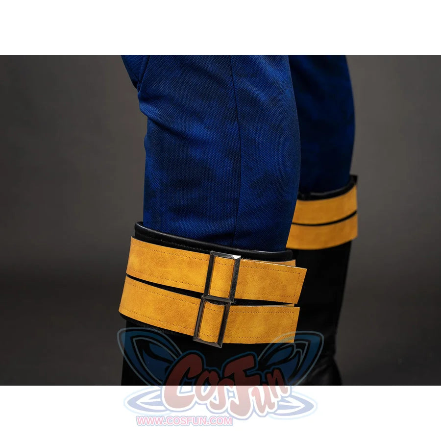 Cyclops cosplay calf guard close-up layers yellow bands over the blue lower-leg panels.