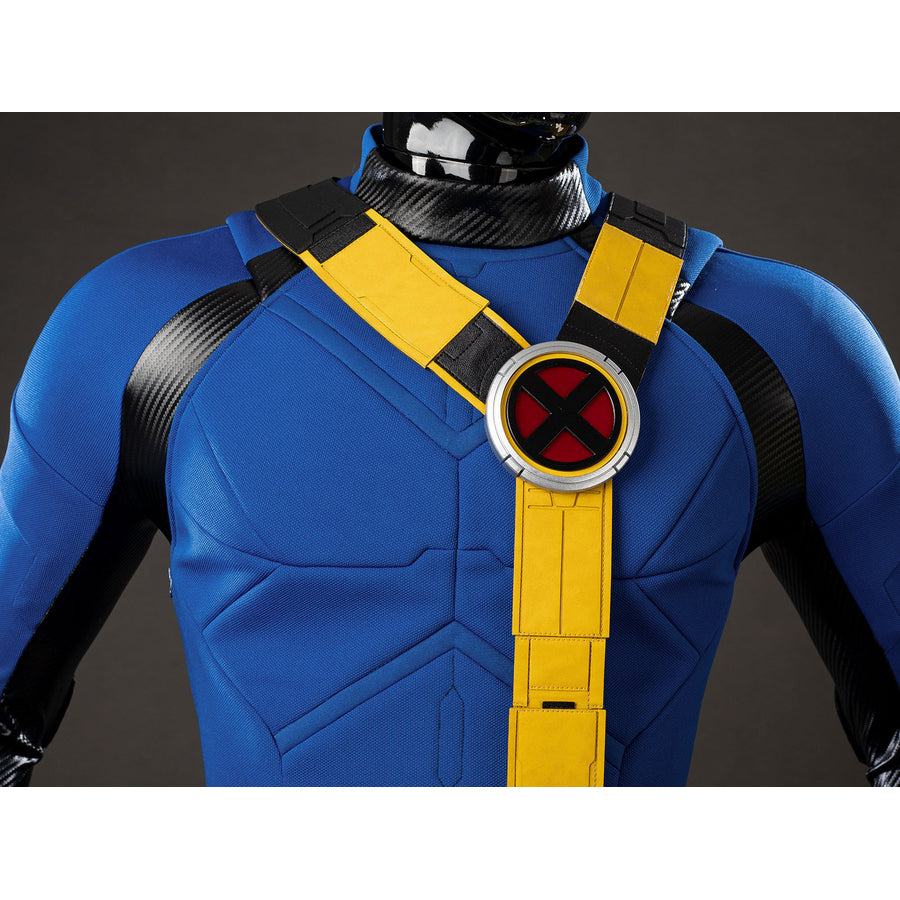 Cyclops Scott Summers cosplay chest harness centers a red X emblem over yellow straps.