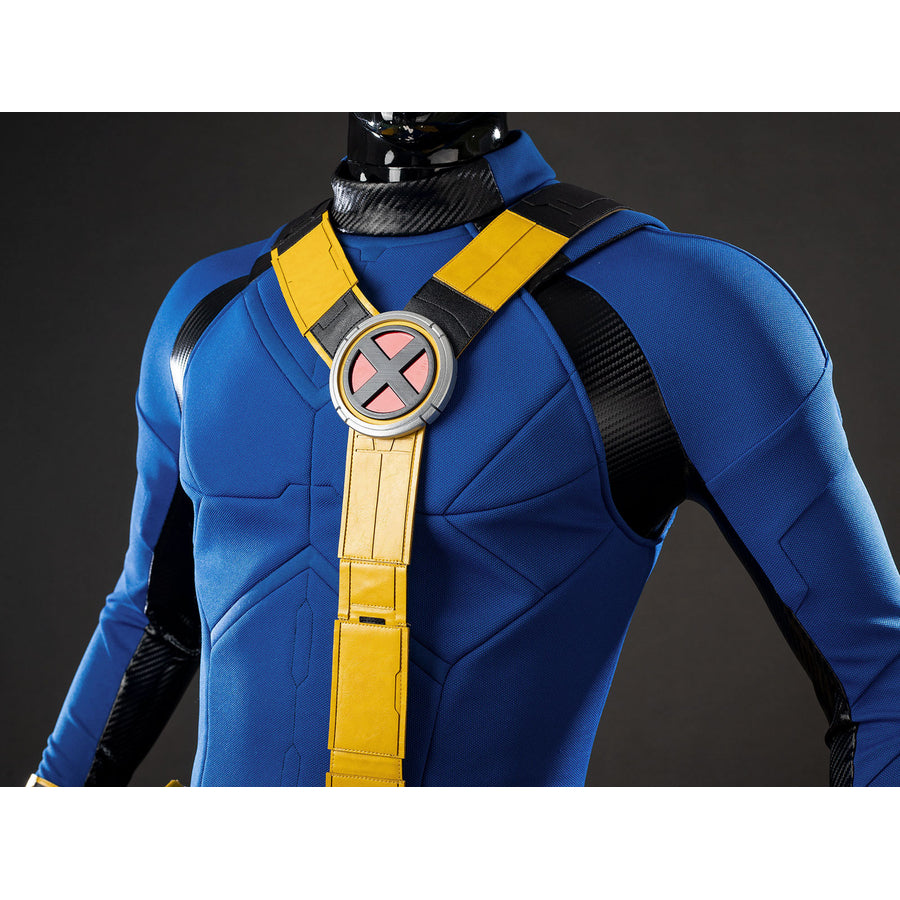Cyclops Scott Summers cosplay chest harness layers yellow straps across blue textured fabric.