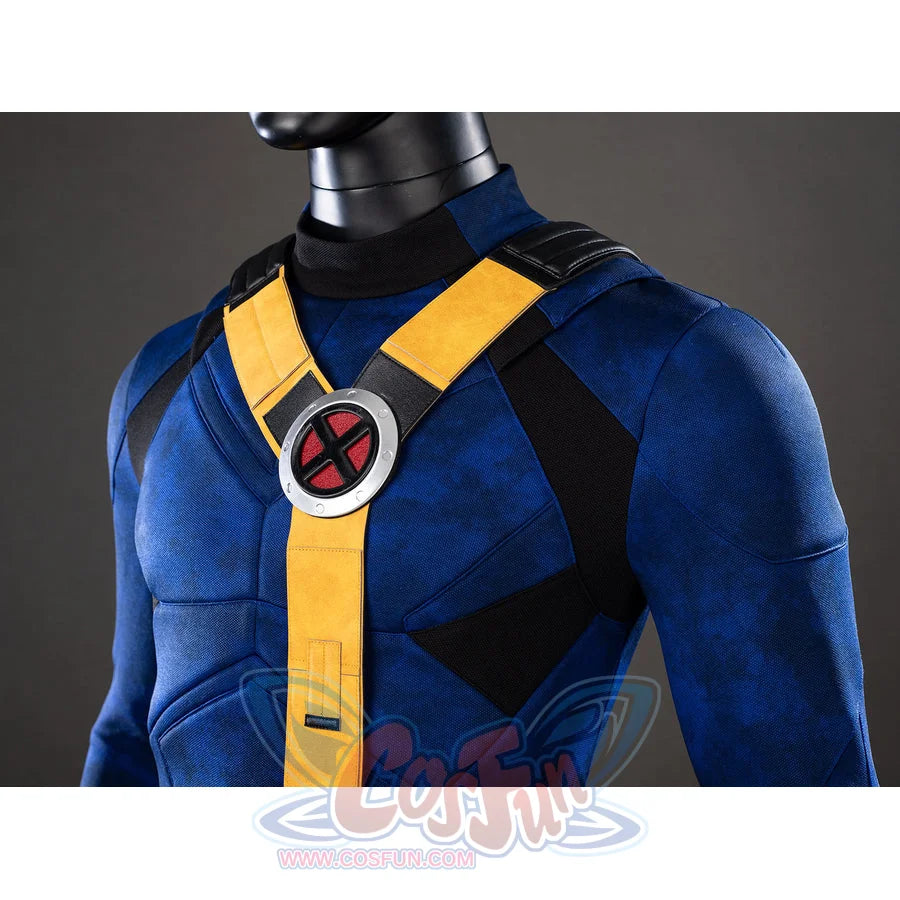Cyclops cosplay chest harness crosses yellow straps over blue and black bodysuit panels.