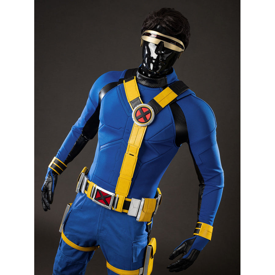 Cyclops Scott Summers cosplay costume angled view frames yellow chest straps over blue panels.